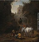 Peasants Playing Cards by a White Horse in a Rocky Gully by Philips Wouwerman